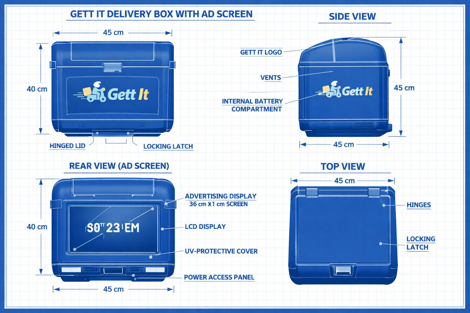 Blueprint showing front, side, rear and top views of the Gett It courier delivery bag with advertising screen